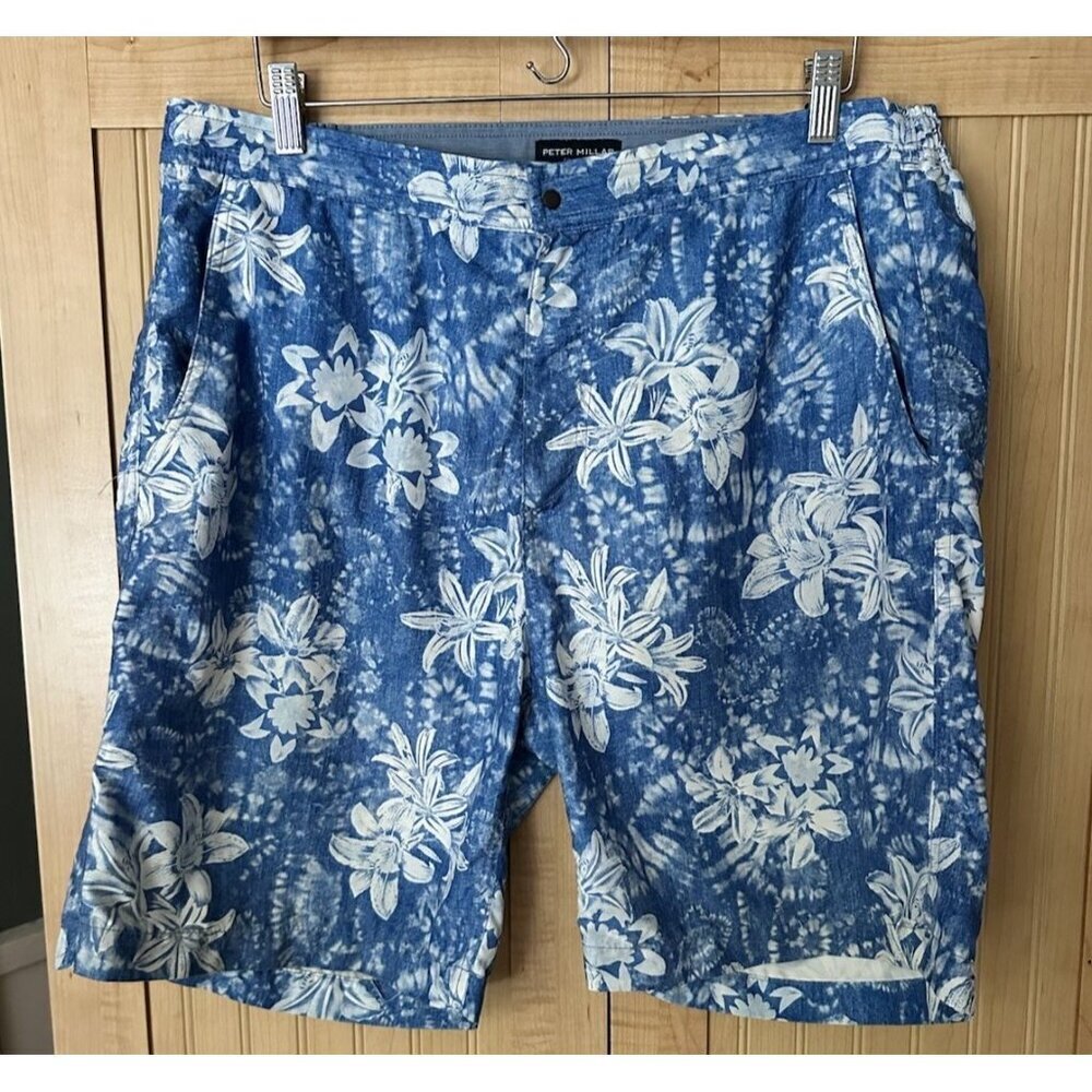 Peter Millar Collection Hawaiian Floral Print Board Shorts Blue‎ Size Large